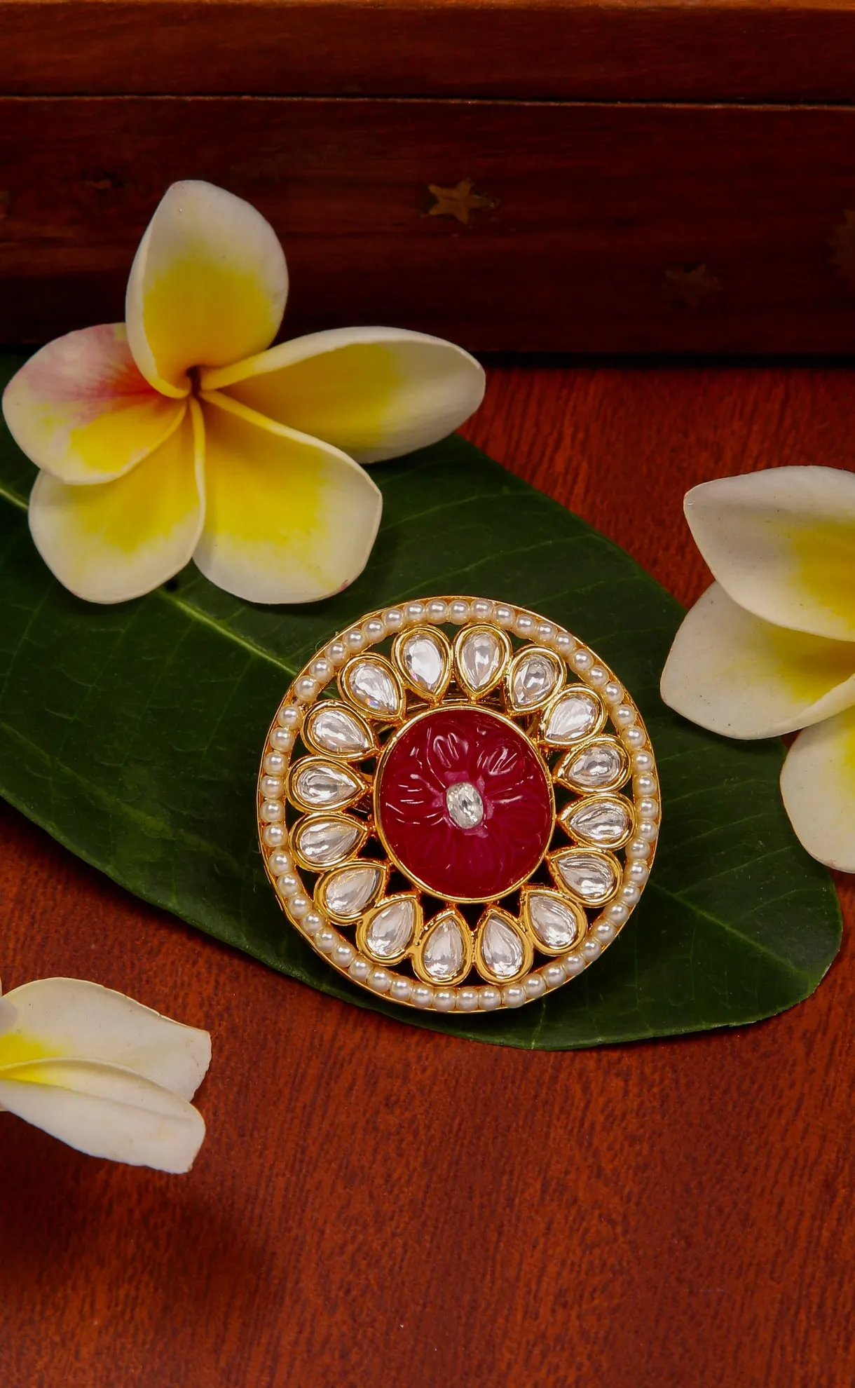 Alluring Designer Gold Plated Royal Kundan Beaded Ring (D260)