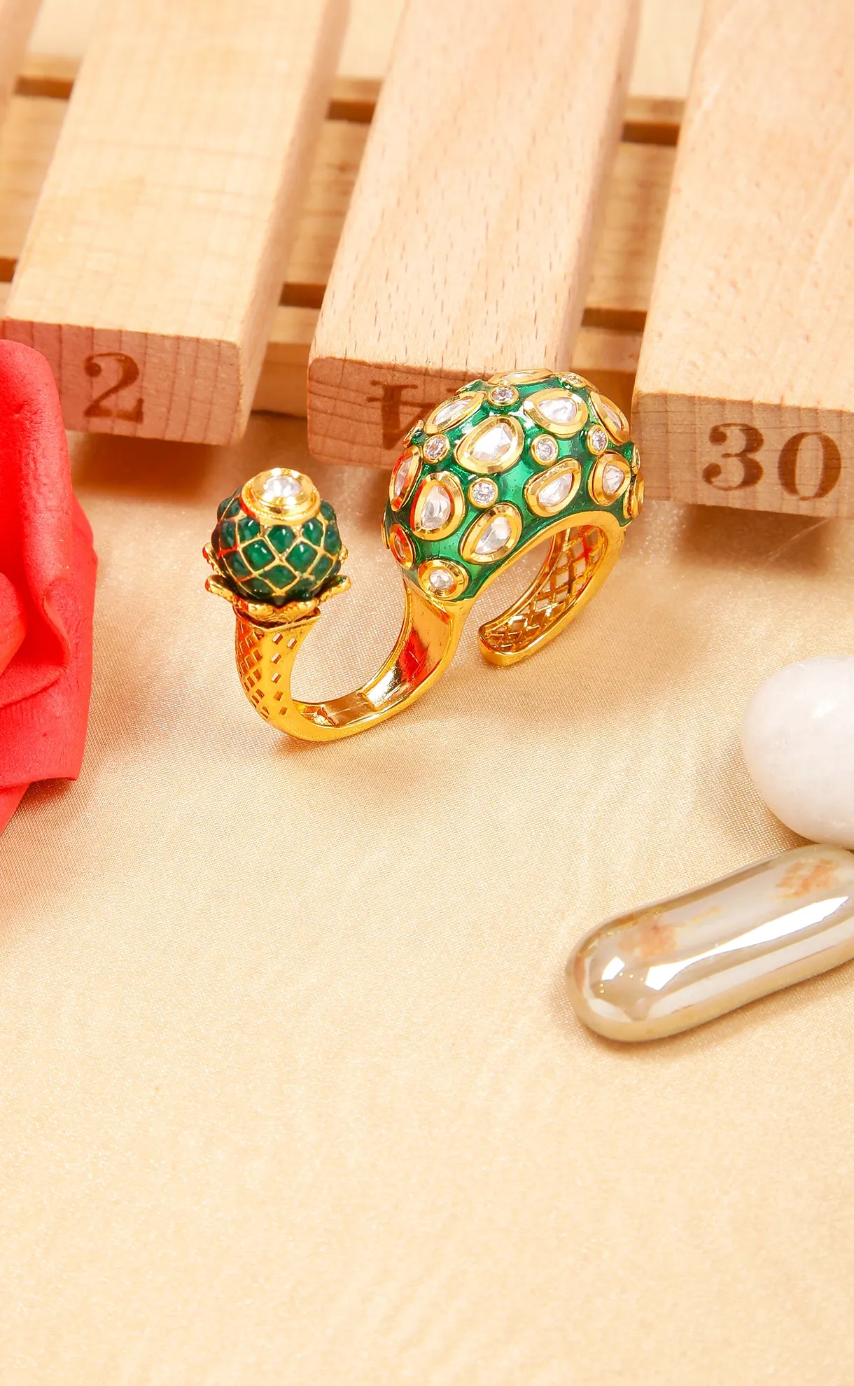 Alluring Designer Gold Plated Royal Kundan Beaded Ring (D271)