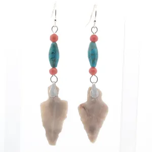 Ancient Arrowhead Earrings with natural turquoise and coral beads. j-erbd177