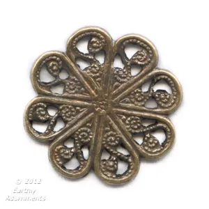 b9-0881-Vintage brass circular stamping.Decorative stamping on front. Smooth back. 15mm. Pkg. of 6