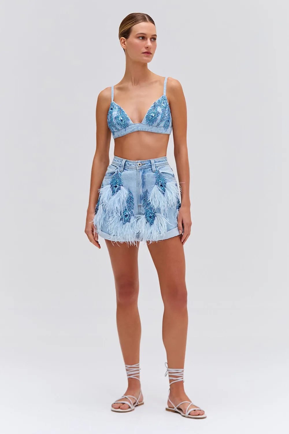 Beaded Feather Denim Shorts