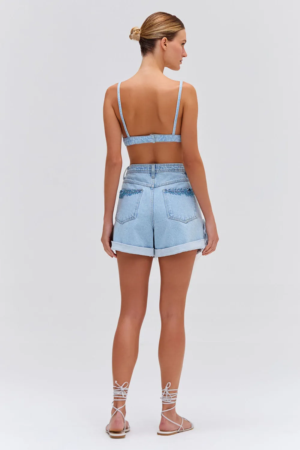 Beaded Feather Denim Shorts