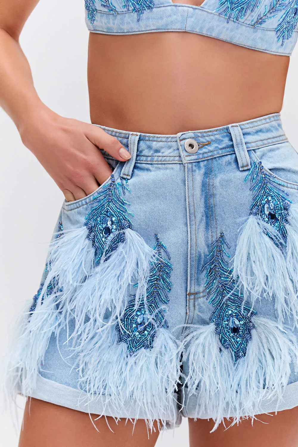 Beaded Feather Denim Shorts