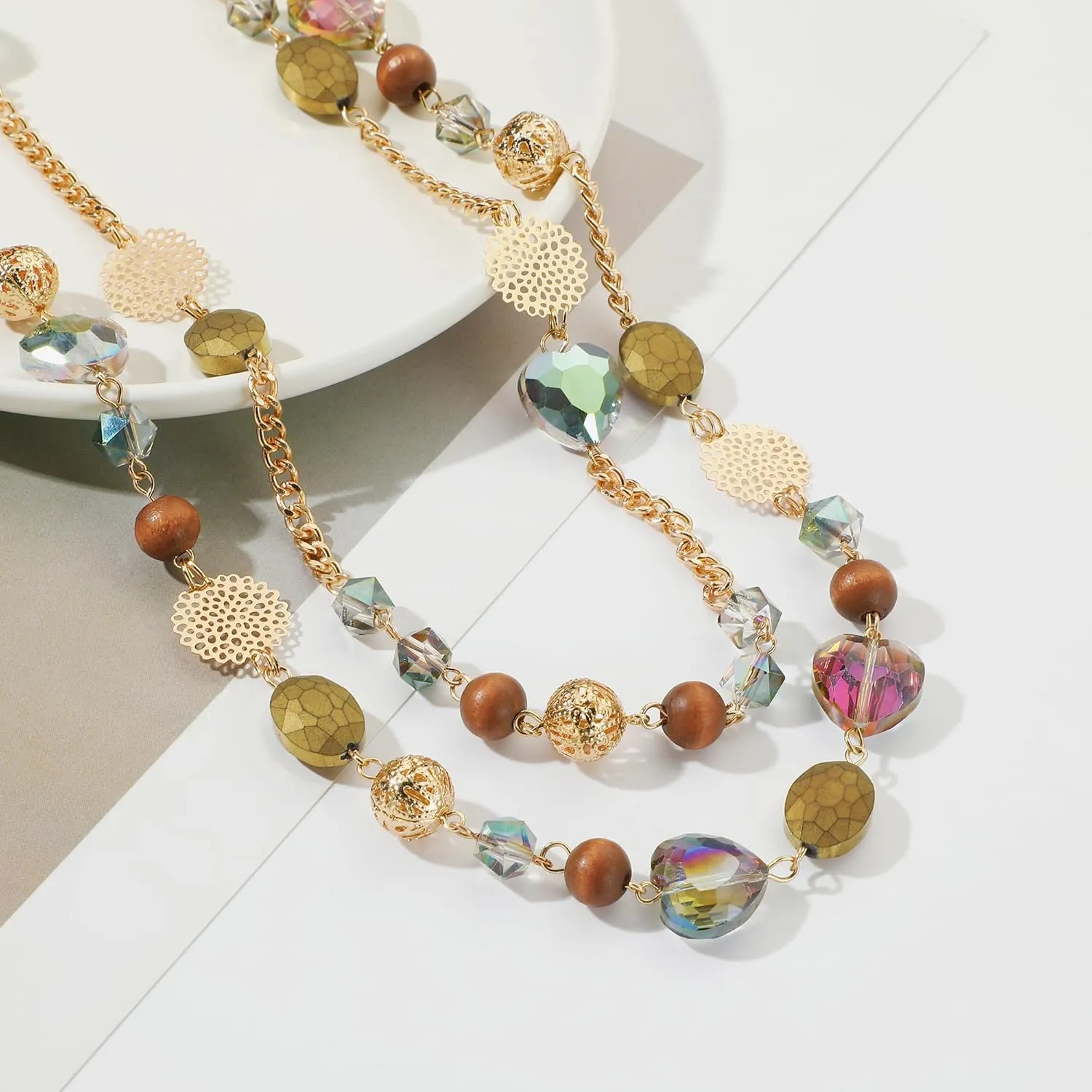 Bocar Long Necklaces for Women Trendy, Boho Layered Crystal Beaded Collar Necklaces for Women, Fashion Statement Necklaces Jewelry