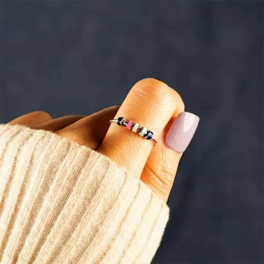 Colourful Enamel Beaded Rotatable Fidget Spinner Chain Ring