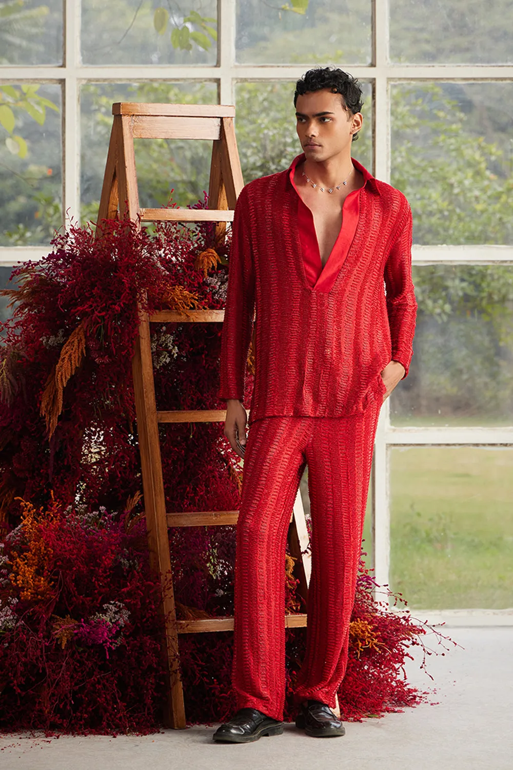 Crimson Beaded Scale-Knit Co-ord Set