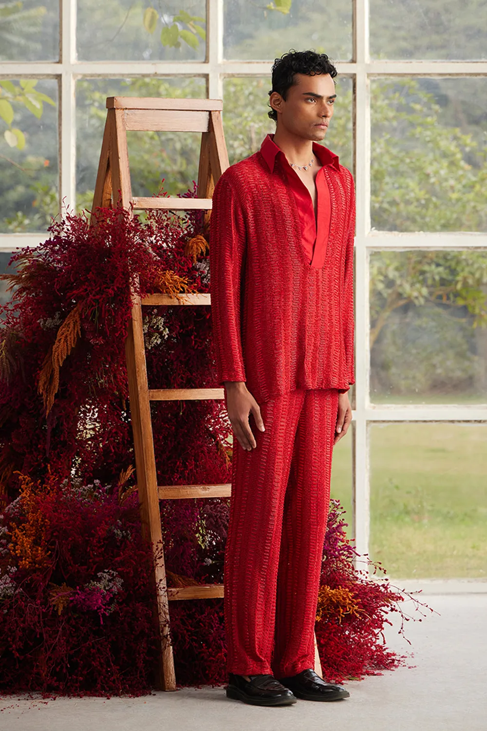 Crimson Beaded Scale-Knit Co-ord Set