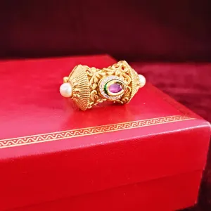 Designer Gold Plated Royal Kundan & Beaded Ring (Design 114)