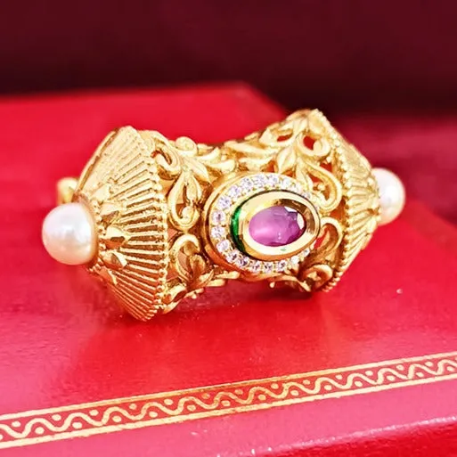 Designer Gold Plated Royal Kundan & Beaded Ring (Design 114)
