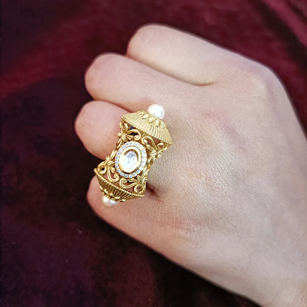 Designer Gold Plated Royal Kundan & Beaded Ring (Design 114)