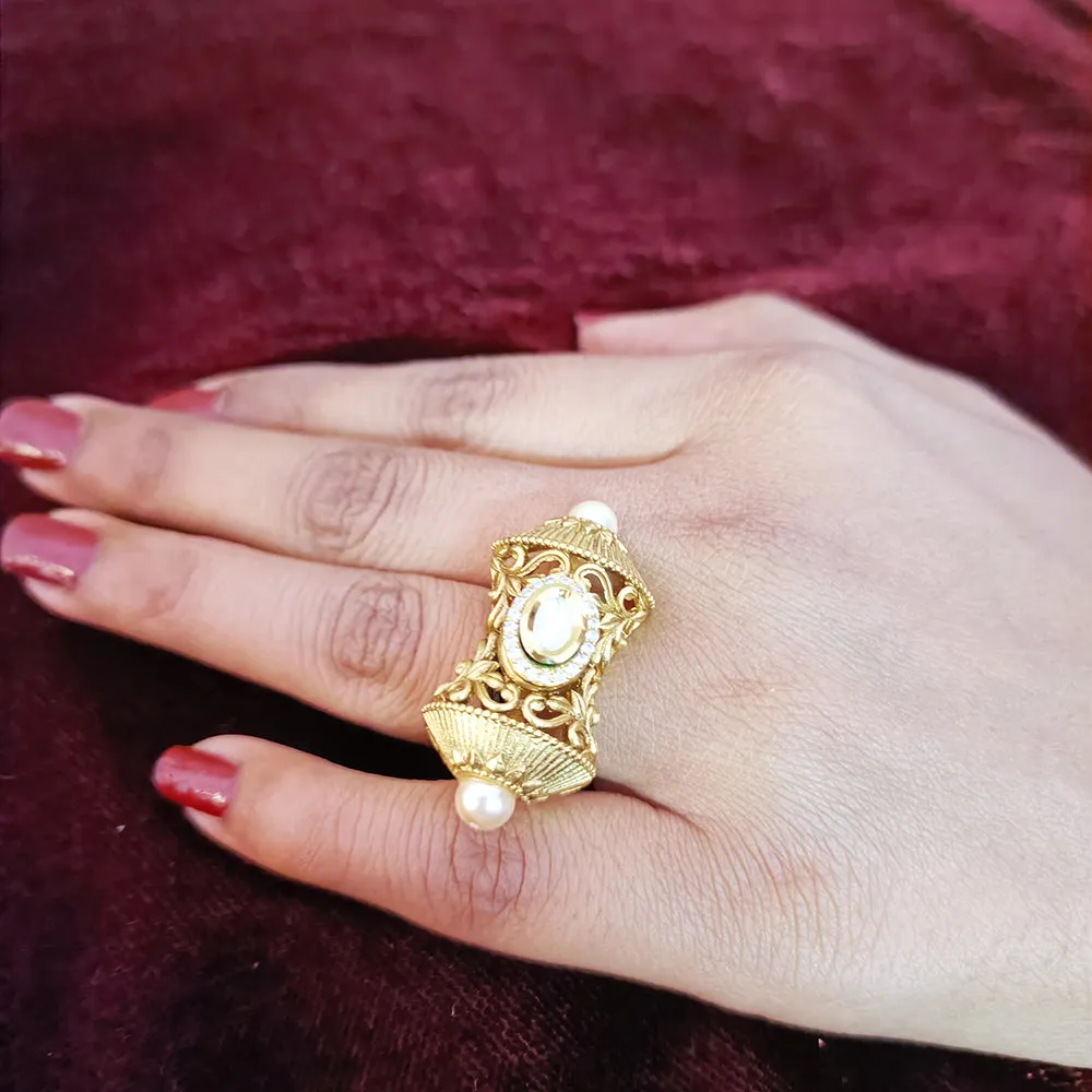Designer Gold Plated Royal Kundan & Beaded Ring (Design 114)