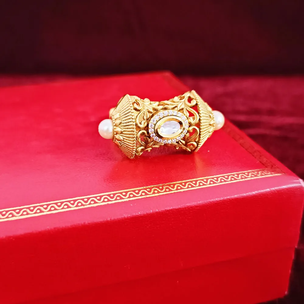 Designer Gold Plated Royal Kundan & Beaded Ring (Design 114)