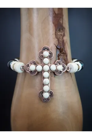 Emma Copper And White Stone Stretch Cross Bracelet