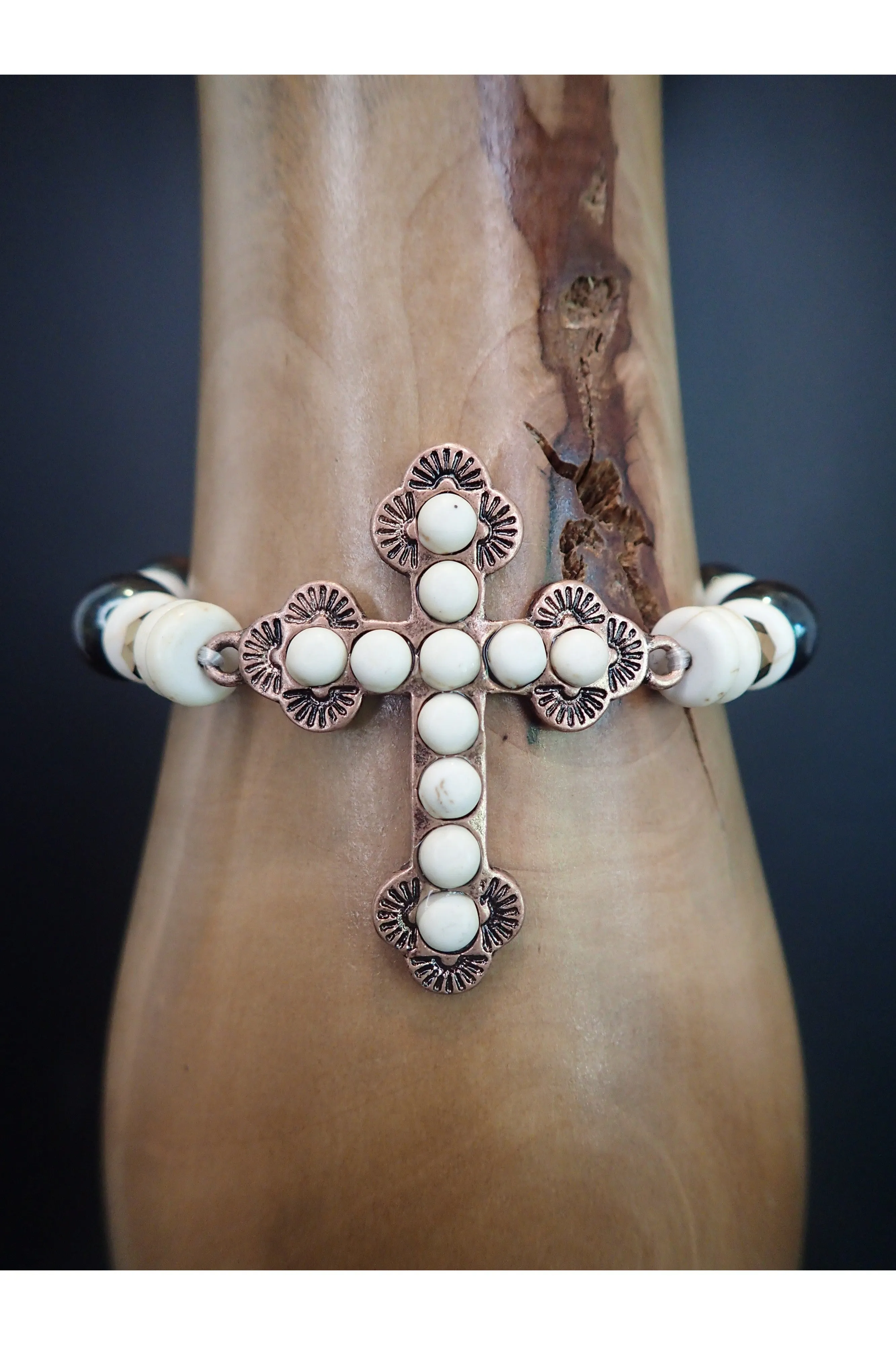 Emma Copper And White Stone Stretch Cross Bracelet