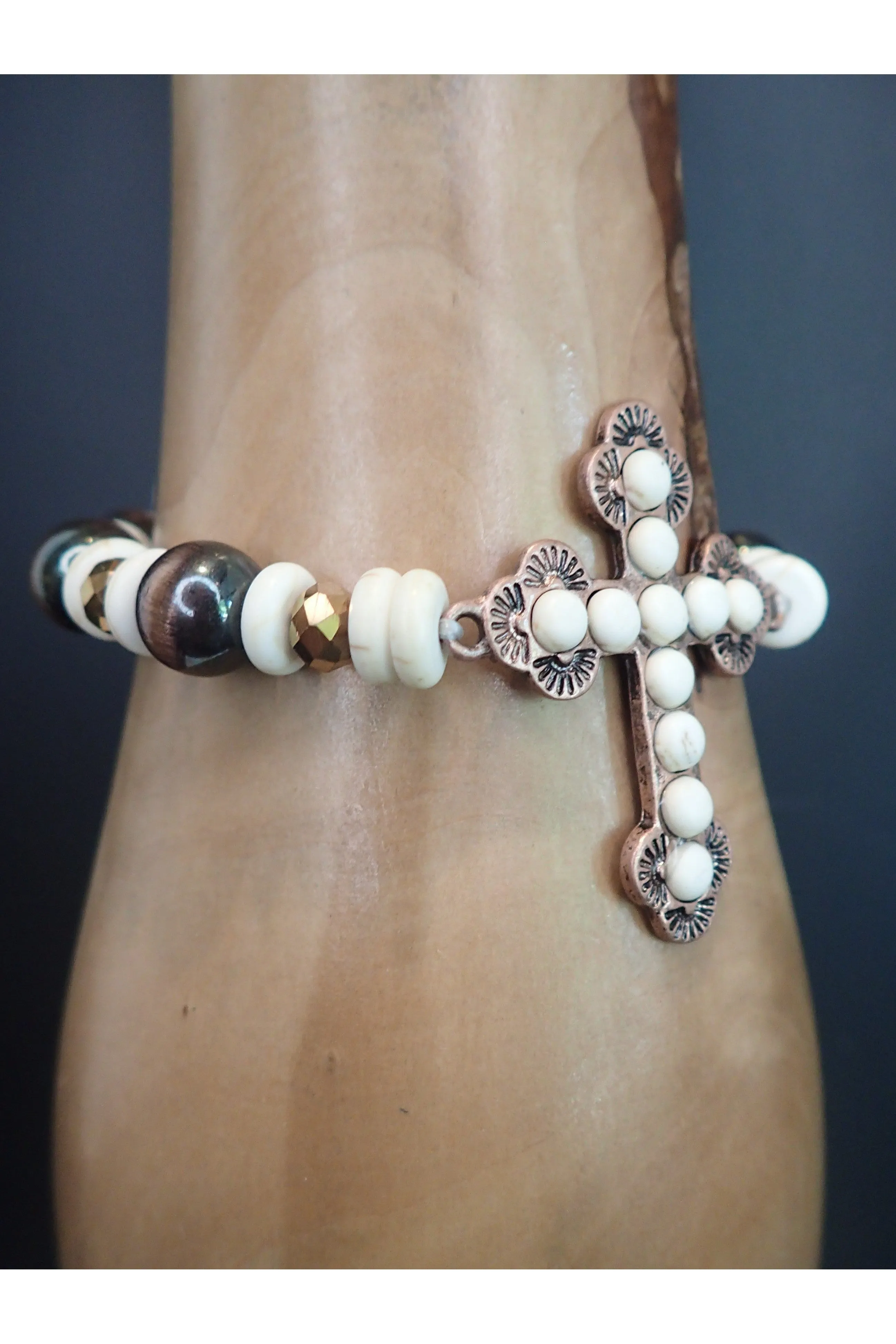 Emma Copper And White Stone Stretch Cross Bracelet