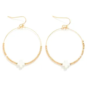 Gold Beaded Hoop Earrings W/ White Dainty Coated Cross Bead