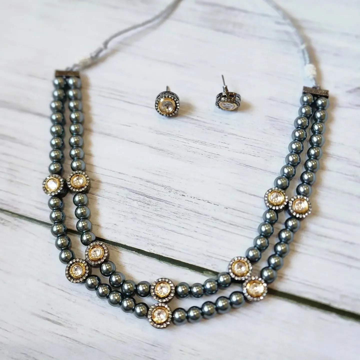 Grey Pearl Beaded goldplated statement necklace set