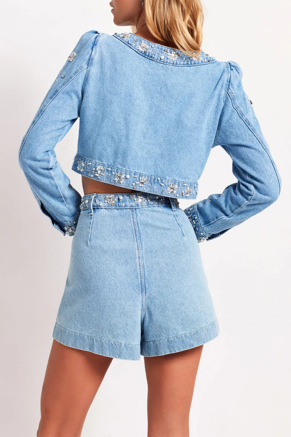 Hand-Beaded Denim Shorts