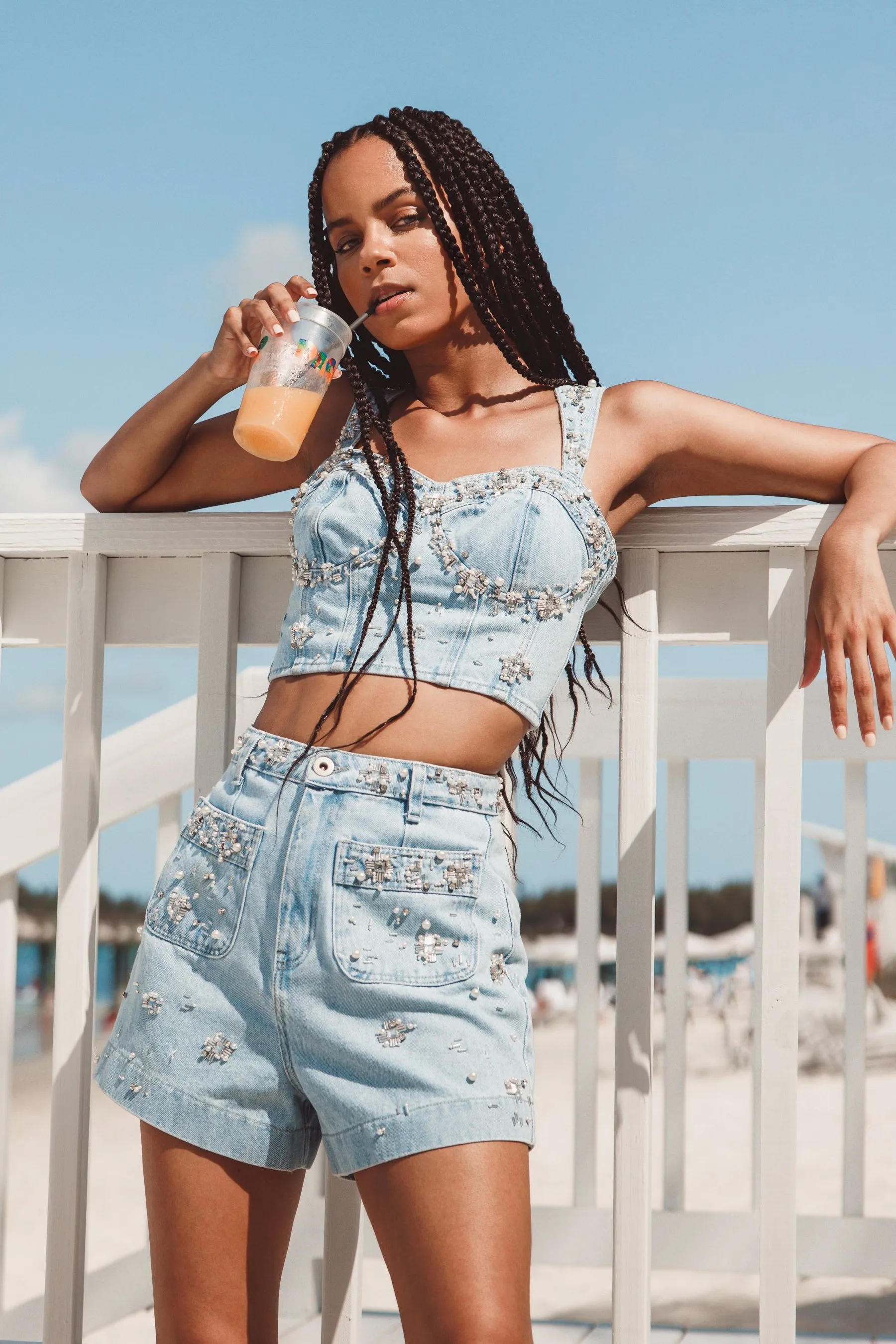 Hand-Beaded Denim Shorts