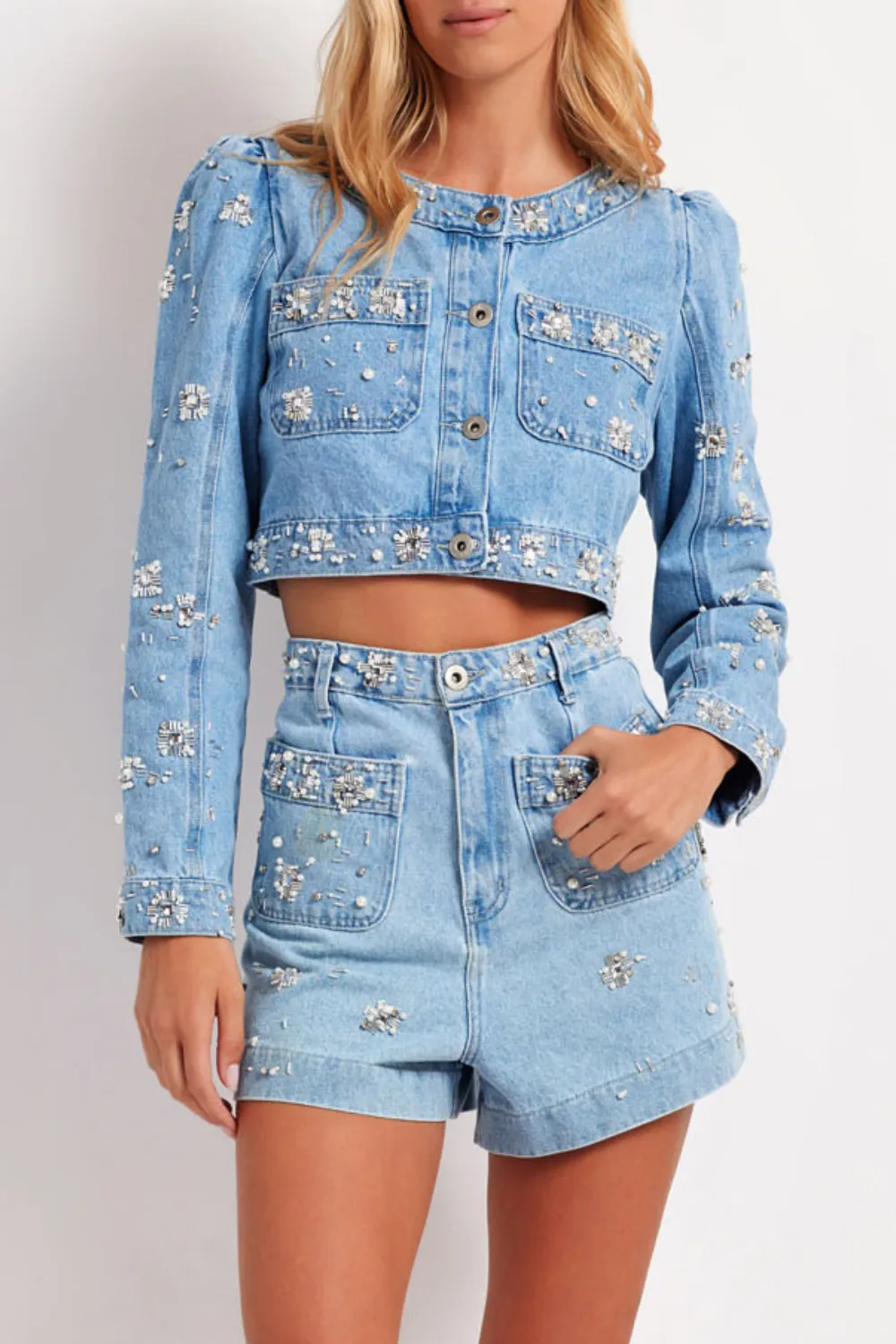 Hand-Beaded Denim Shorts