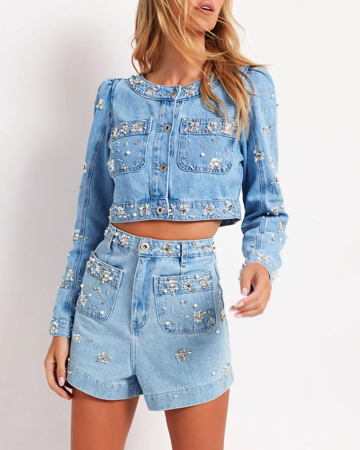 Hand-Beaded Denim Shorts
