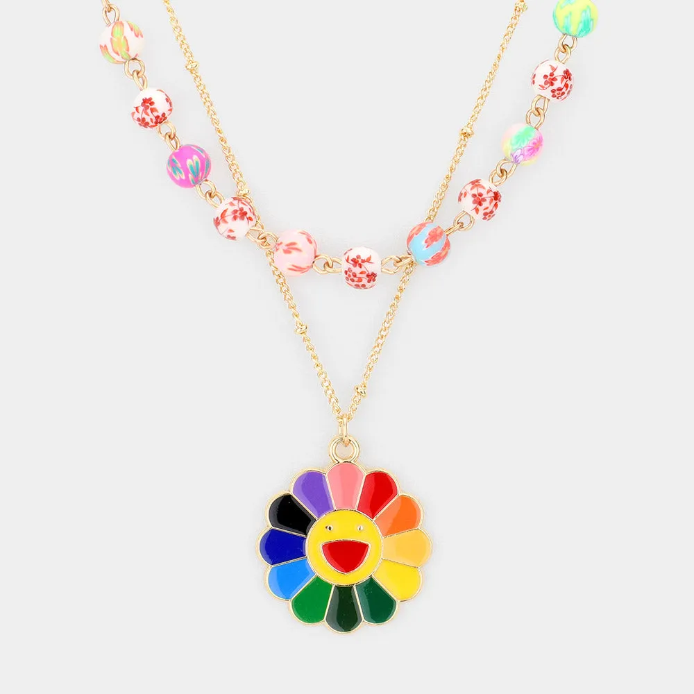 iLLASPARKZ Enamel Smile Pendant Flower Patterned Beaded Double Layered Necklace