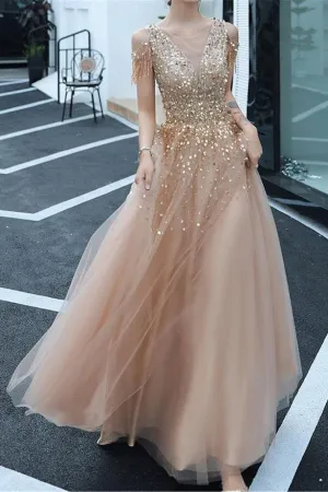 Luolandi A-line Evening Dress Beading Prom Dress Formal Evening Gown Sparkly