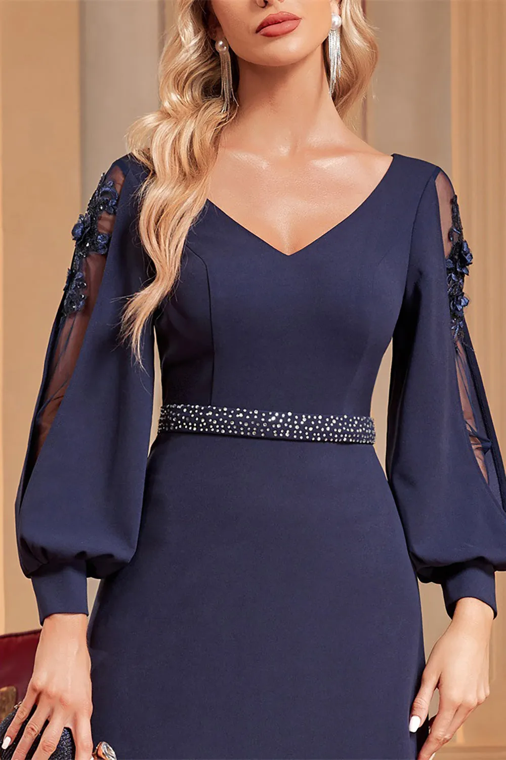 Luolandi A-Line Long Sleeves Floor Length Wedding Party Dress with Beading Mother of the Bride Dresses