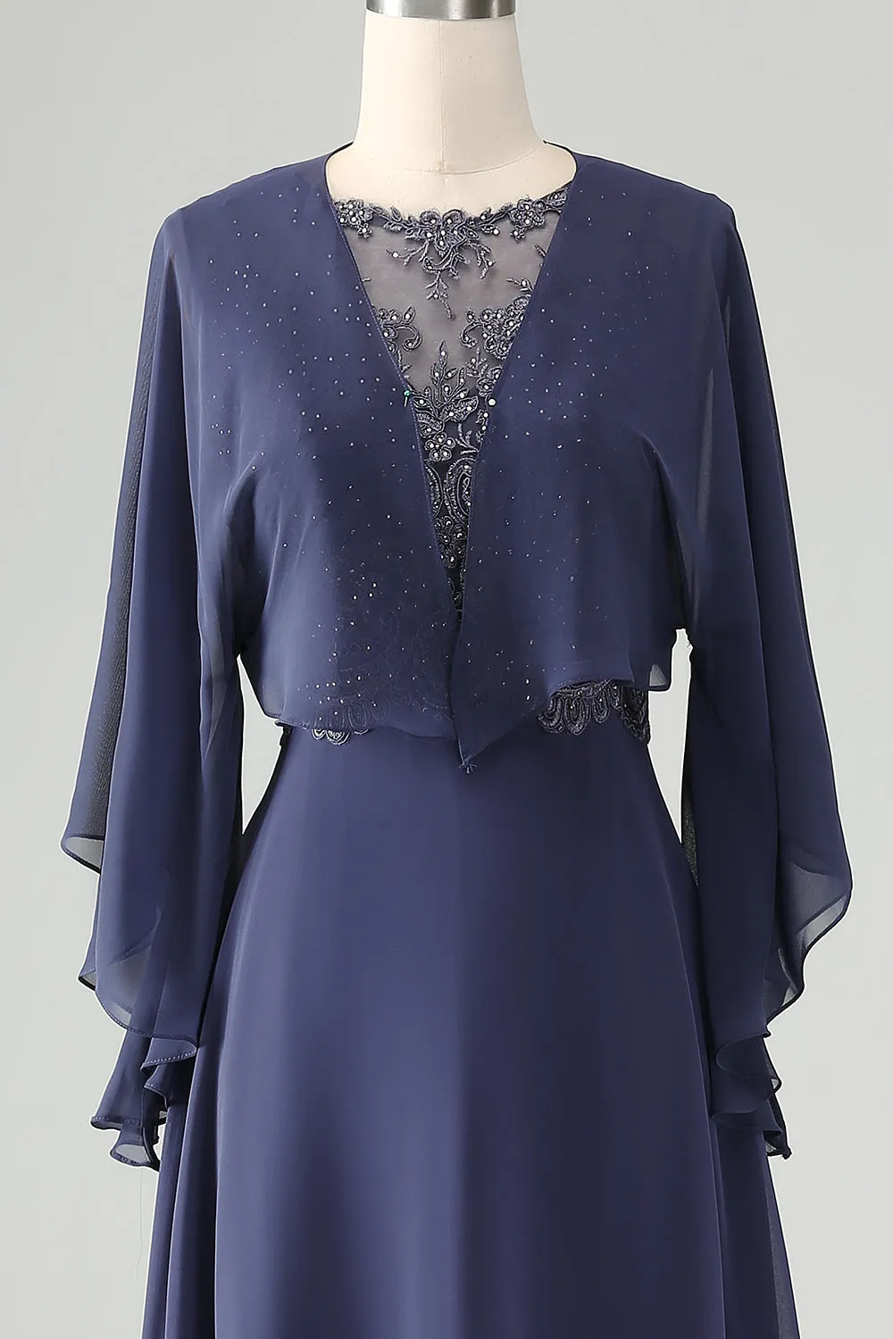Luolandi A Line V Neck Cap Sleeves Mother of the Bride Dress With Beading Floor Length