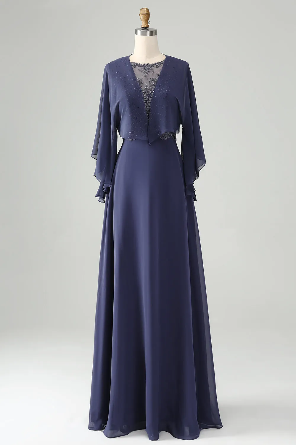 Luolandi A Line V Neck Cap Sleeves Mother of the Bride Dress With Beading Floor Length