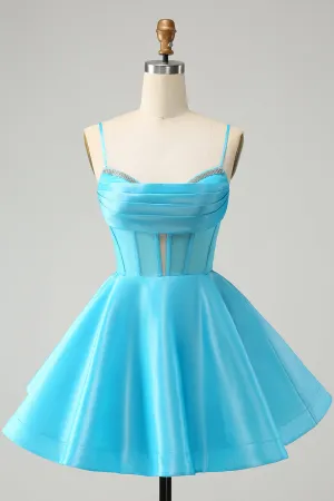 Luolandi Blue A Line Spaghetti Straps Corset Short Homecoming Dress with Beading Sexy