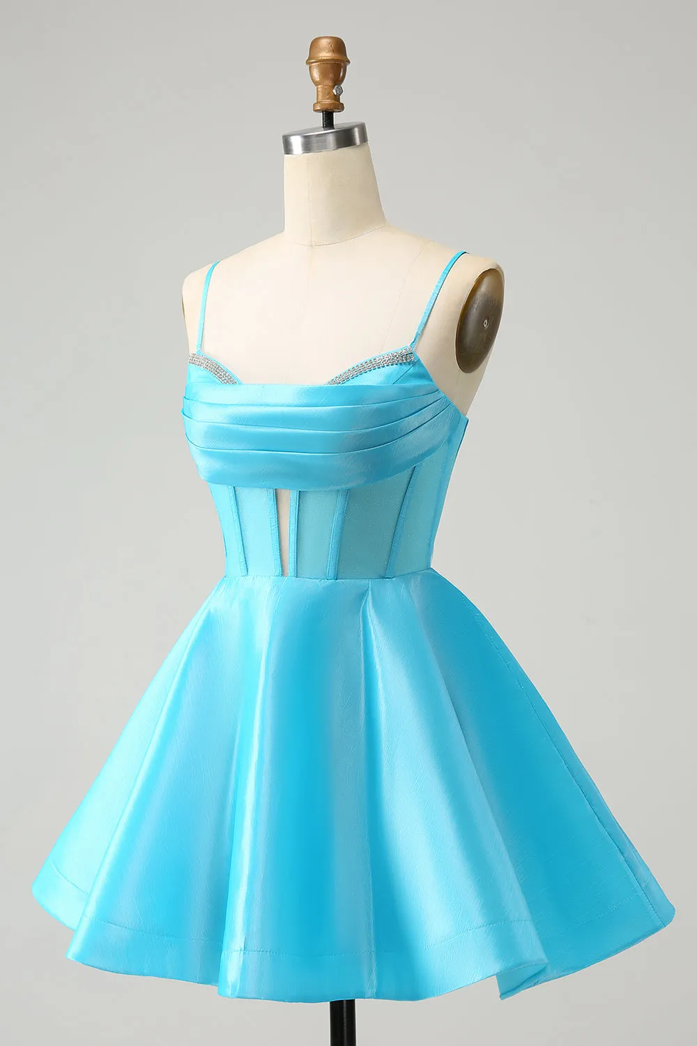 Luolandi Blue A Line Spaghetti Straps Corset Short Homecoming Dress with Beading Sexy