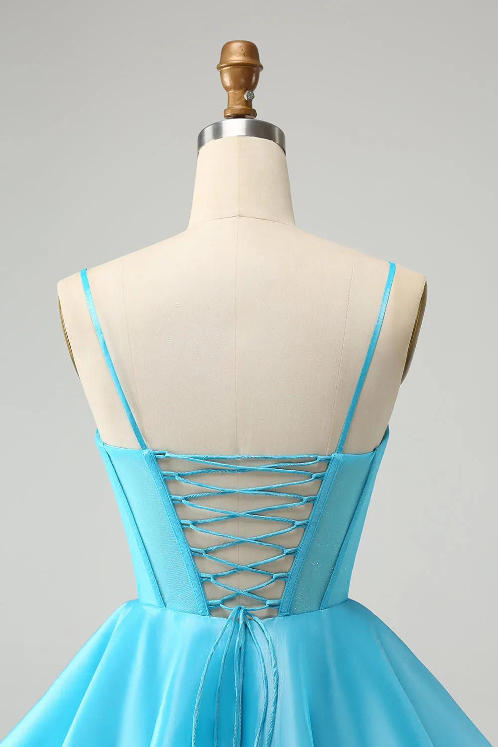 Luolandi Blue A Line Spaghetti Straps Corset Short Homecoming Dress with Beading Sexy