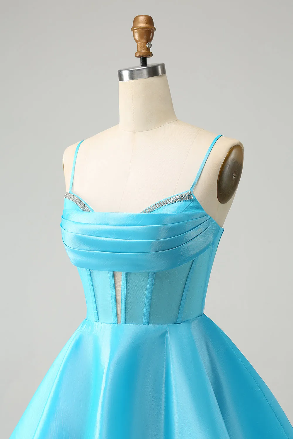 Luolandi Blue A Line Spaghetti Straps Corset Short Homecoming Dress with Beading Sexy