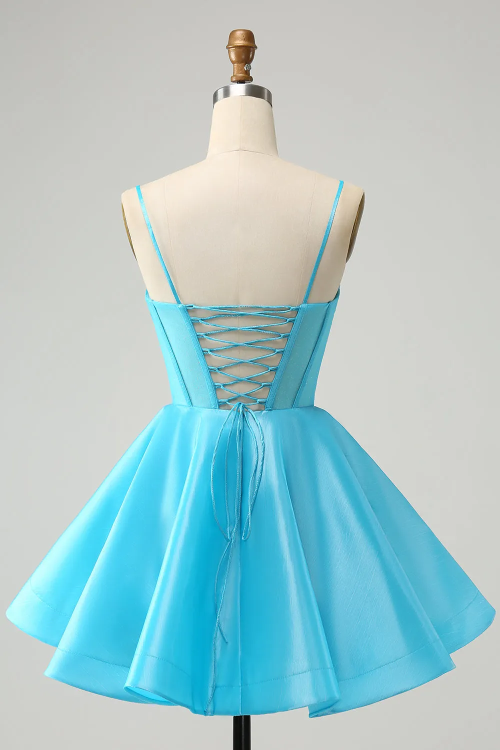 Luolandi Blue A Line Spaghetti Straps Corset Short Homecoming Dress with Beading Sexy