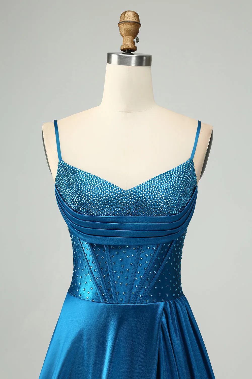 Luolandi Blue A-Line Spaghetti Straps Split Corset Prom Dress With Beading Sexy Evening Dresses