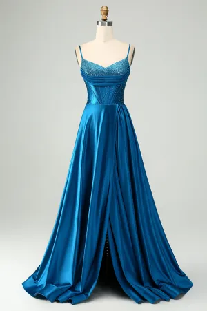 Luolandi Blue A-Line Spaghetti Straps Split Corset Prom Dress With Beading Sexy Evening Dresses