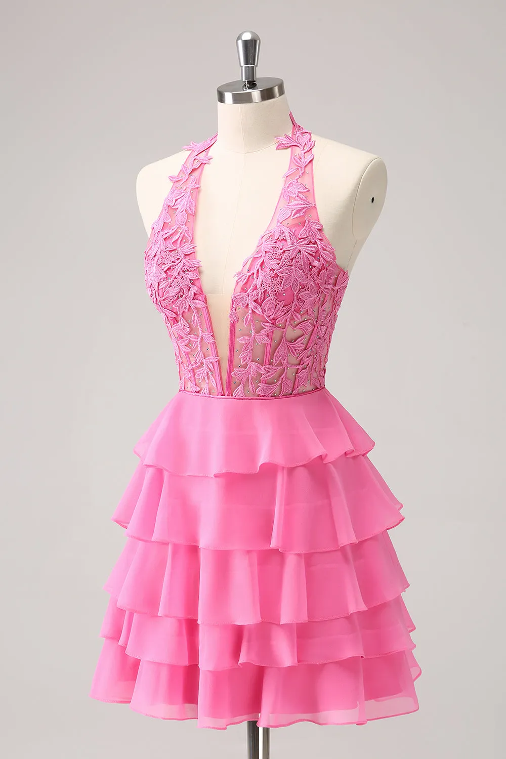 Luolandi Cute Hot Pink A Line Strapless Tiered Corset Ruffle Homecoming Dress with Beading Sexy Party Dress