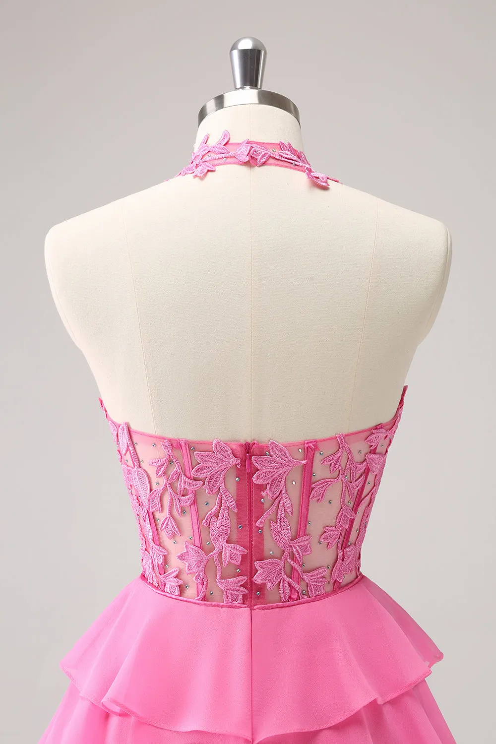 Luolandi Cute Hot Pink A Line Strapless Tiered Corset Ruffle Homecoming Dress with Beading Sexy Party Dress