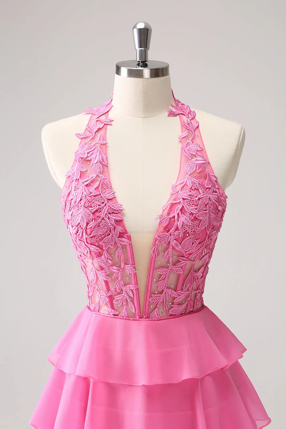 Luolandi Cute Hot Pink A Line Strapless Tiered Corset Ruffle Homecoming Dress with Beading Sexy Party Dress