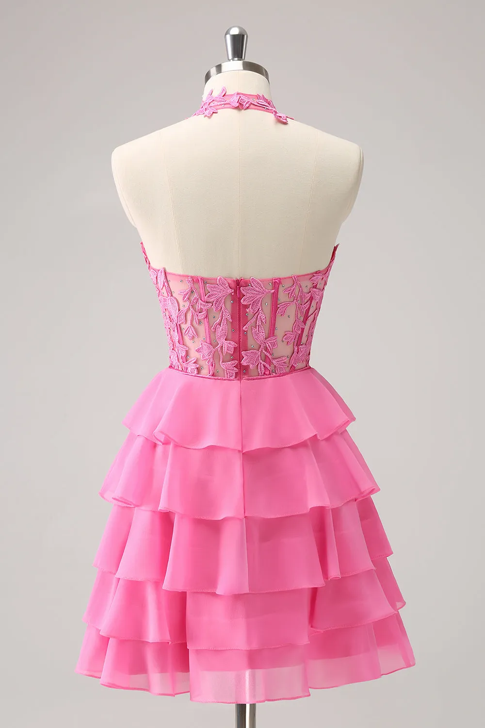 Luolandi Cute Hot Pink A Line Strapless Tiered Corset Ruffle Homecoming Dress with Beading Sexy Party Dress