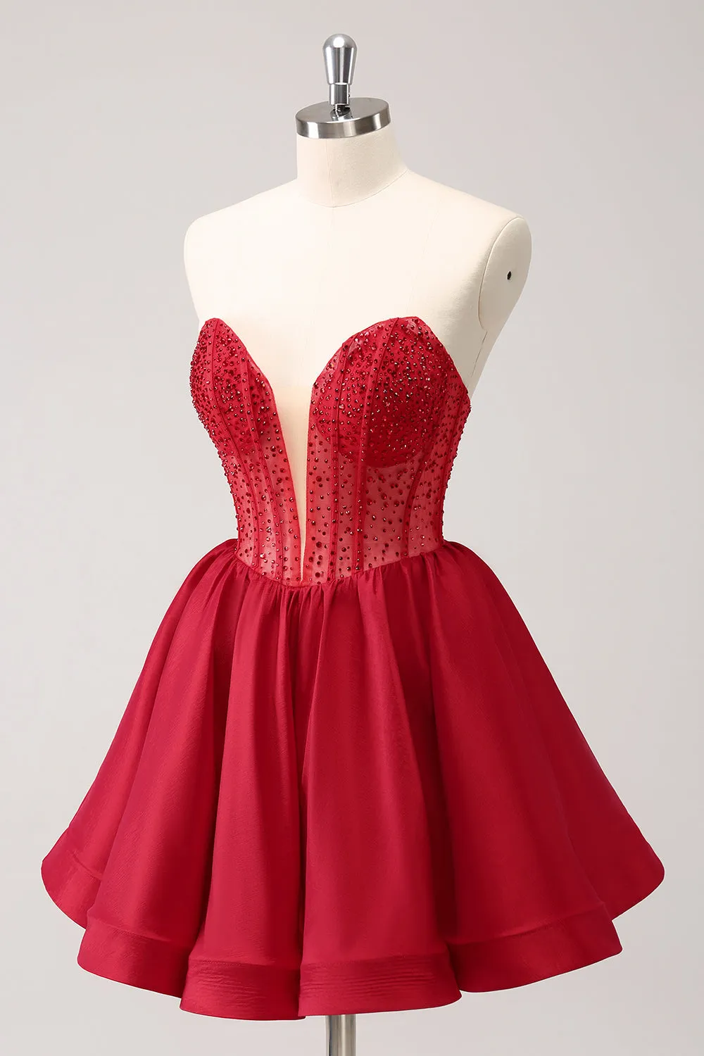 Luolandi Cute Red A Line Strapless Corset Ruffle Homecoming Dress with Beading Sexy Party Dress