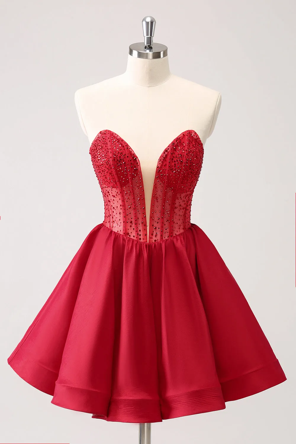 Luolandi Cute Red A Line Strapless Corset Ruffle Homecoming Dress with Beading Sexy Party Dress