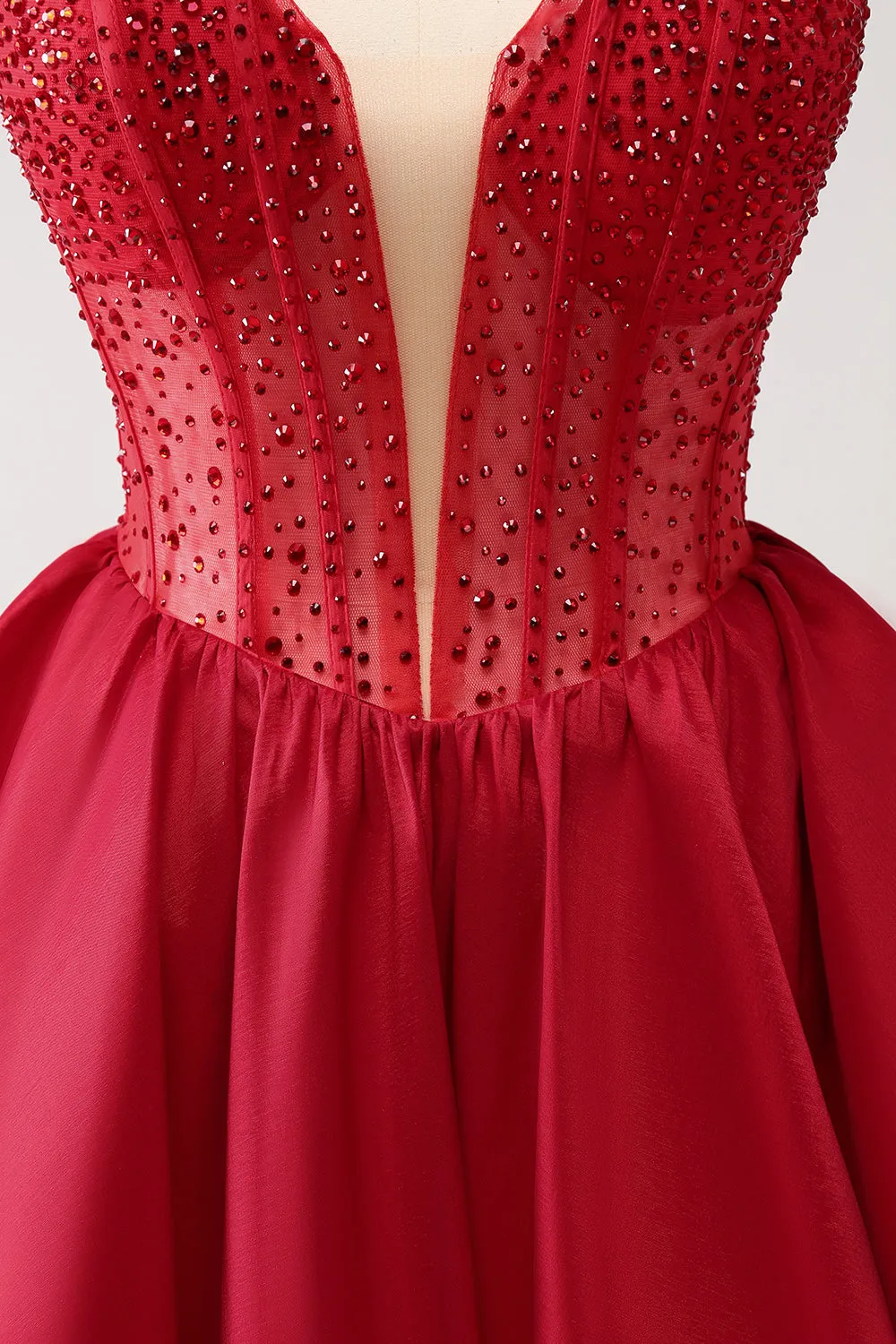 Luolandi Cute Red A Line Strapless Corset Ruffle Homecoming Dress with Beading Sexy Party Dress