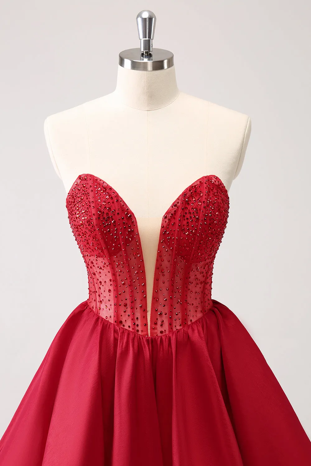 Luolandi Cute Red A Line Strapless Corset Ruffle Homecoming Dress with Beading Sexy Party Dress