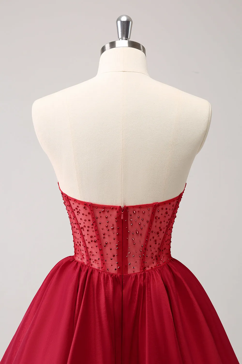 Luolandi Cute Red A Line Strapless Corset Ruffle Homecoming Dress with Beading Sexy Party Dress
