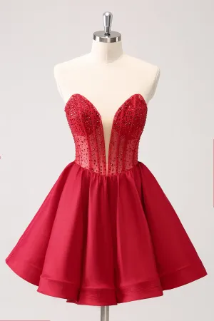 Luolandi Cute Red A Line Strapless Corset Ruffle Homecoming Dress with Beading Sexy Party Dress