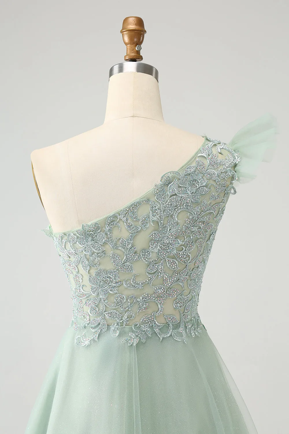 Luolandi Dusty Sage A Line One Shoulder Short Homecoming Dress with Beading Beautiful