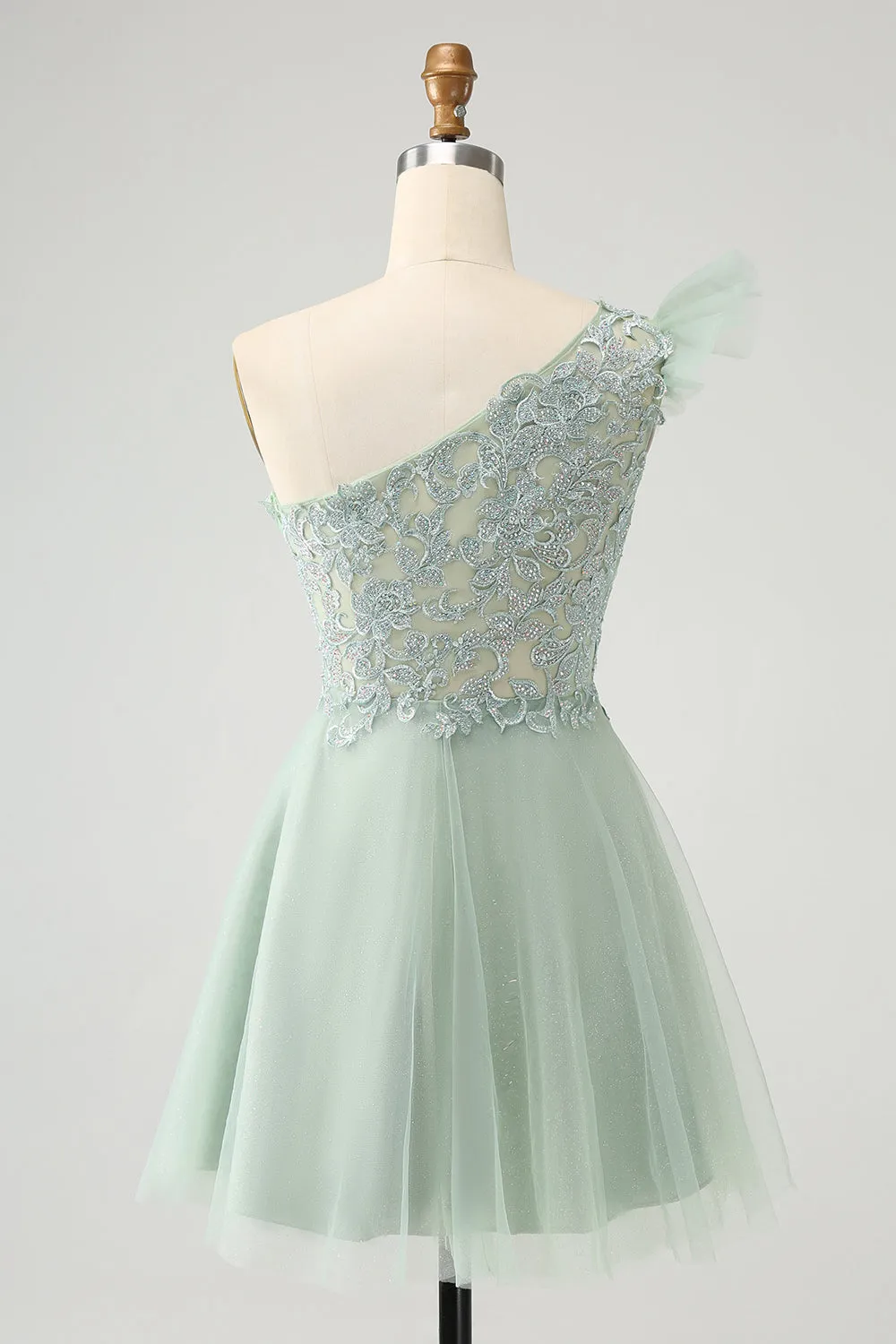 Luolandi Dusty Sage A Line One Shoulder Short Homecoming Dress with Beading Beautiful
