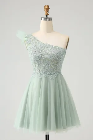 Luolandi Dusty Sage A Line One Shoulder Short Homecoming Dress with Beading Beautiful